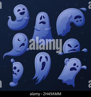 Fantasma carino Cartoon. Collezione di fantasmi divertenti, simboli di Halloween sparati. Fantasma spettrale, divertente spirito emotivo. Vettore recente per vacanze amichevoli Illustrazione Vettoriale