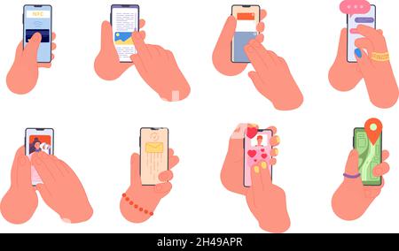 Smartphone portatile. Diverse applicazioni del telefono, persone che utilizzano applicazioni mobili. Contactless paga, social media e online dating utter set vettoriale Illustrazione Vettoriale