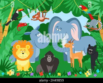 Animali tropicali Cartoon. Animale zoo fauna selvatica, pappagallo jaguar in foglia giungla. Carino elefante, scimmia nella foresta pluviale. Poster vettoriale decente caratteri jolly Illustrazione Vettoriale