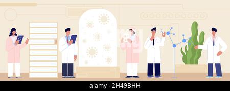 Scienziati in laboratorio. Cappotto bianco su ricercatori, persone lavorano in laboratorio chimico con batterie. Sviluppo di farmaci medico concetto di vettore utter Illustrazione Vettoriale