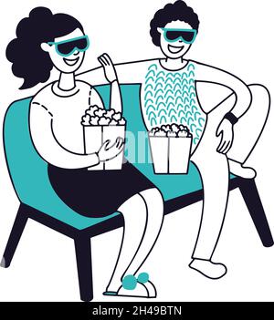 Persone nell'Home Cinema. Coppia felice seduta sul divano e guardare la TV in occhiali 3D. Uomo donna mangiare popcorn, casa relax vettori personaggi Illustrazione Vettoriale