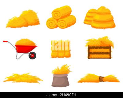 Pile di fiati. Raccogliere paglia di fieno, fieno naturale. Agricoltura autunnale, raccolta agricola e cumulo di grano in scatola di legno. Insieme di vettori recenti di fienile isolato Illustrazione Vettoriale