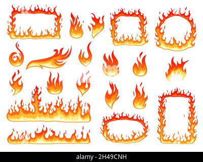 Fiamma colorata. Fiamme di effetto, simboli di fuoco incandescente. Cartoni animati a telaio rotondo, falò rosso caldo. Riscaldamento forme grafiche set vettoriale recente Illustrazione Vettoriale