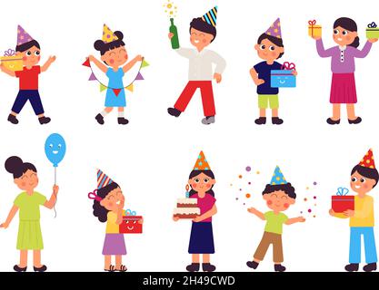Persone con regali. Festa di compleanno, felice festeggiamento delle donne e dell'uomo. Fumetto divertente bambini, confetti e cibo festivo. Festival decente personaggi vettoriali Illustrazione Vettoriale