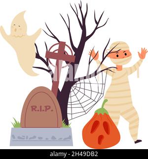 Halloween cartoon scena. Carino zombie capretto, spaventoso fantasma e silhouette albero. Autunno terna di zucca spooky sul cimitero, illustrazione vettoriale Illustrazione Vettoriale