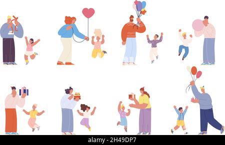 I genitori si congratulano con i bambini. Festa di compleanno in famiglia, animazione bambini con adulti. Torta di festa, la gente che dà i regali. Personaggi vettoriali dell'utter festivo Illustrazione Vettoriale