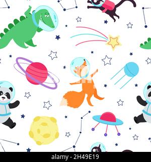 Animali spaziali modello senza giunture. Cute animale, galassia bambini avventure stampa. Carta da parati infantile Cartoon, viaggio astronauta in cosmo decente vettore set Illustrazione Vettoriale