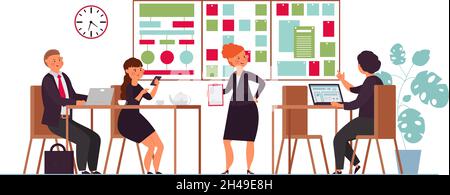 Riunione di pianificazione del lavoro. Presentazione aziendale di lavoro, progetto del team d'ufficio. Relatore seminario femminile cartoon, gruppo strategico decente scena vettoriale Illustrazione Vettoriale