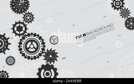 Gears background tecnico. Meccanica concettuale, banner di elementi di ingranaggio. Tecnologia o scienza, progettazione di circuiti digitali. Illustrazione recente del vettore della ruota dentata Illustrazione Vettoriale
