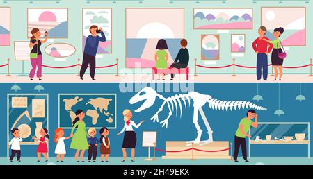 Persone in museo. Bambini culturali, galleria d'arte. Adulti e bambini in cerca di scheletro di dinosauri, visitatori astratti mostra. Mostre decente vettore Illustrazione Vettoriale