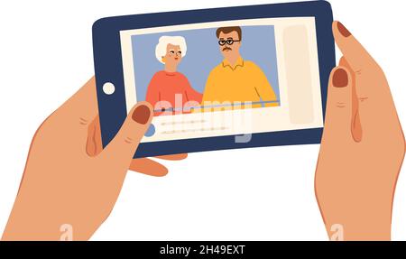 Video conversazione con i genitori. Chiamata tramite smartphone, streaming online con padre e madre. Mani che tengono il telefono con uomo e donna sullo schermo vettore Illustrazione Vettoriale