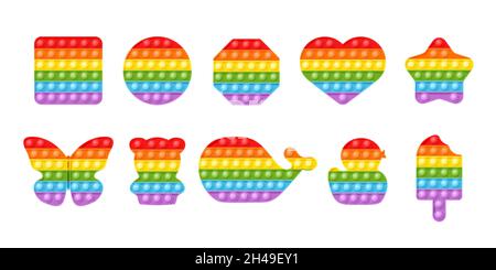 Pop IT game set. Ispira i giocattoli dei fidget, semplici bolle d'arcobaleno. Elementi antistress, gadget pop per le dita. Anti ansia spingere il set di vettori recente Illustrazione Vettoriale