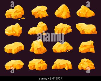 Pietre di roccia d'oro. Elementi della miniera di pietra del gioco, mucchio di nocciolo dorato. Collezione di gemme isolate, cartoni animati scintillanti gemme. Risorse naturali vettore recente Illustrazione Vettoriale