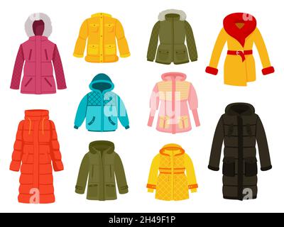 Abiti invernali caldi. Abbigliamento icone, donna stoffa stagionale. Abbigliamento casual e sportivo. Colorato cappotto di moda, maglione, giacca. Set di abbigliamento vettoriale recente Illustrazione Vettoriale