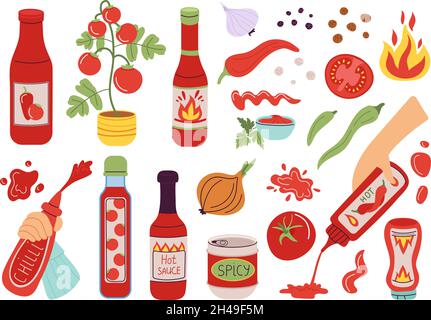 Salsa piccante. Salse di pepe e pomodoro diverse, bottiglie rosse. Le mani spremono il condimento per cibo, cipolla e peperoncino. Kit vettore decente per gocce di ketchup Illustrazione Vettoriale