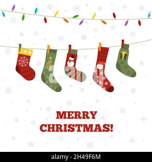Calze di Natale. Calza festosa su corda, accessori invernali caldi. Banner festa di Natale e di nuovo anno, vacanza stagionale sfondo vettoriale recente Illustrazione Vettoriale