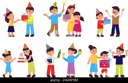 Festa di compleanno di famiglia. Genitori e figli, persone con doni e palloncini. Celebrazione isolata adulti, bambini. Carino cartone animato festivo decente vettore Illustrazione Vettoriale