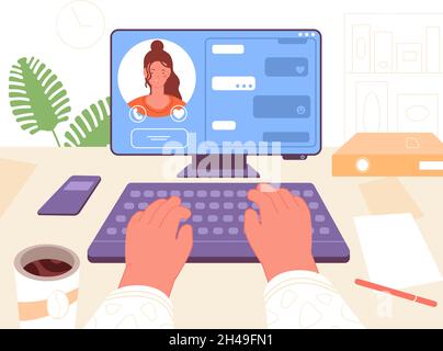 Chat online. Comunicazione virtuale, webinar o videoconferenza. Tecnologia digitale, Internet incontro. Concetto vettoriale del parlatore del computer Illustrazione Vettoriale