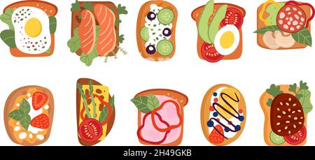 Toast sani. Pane tostato pranzo, spuntino con bacche, avocado, salsiccia e pomodori. Gustosi sandwich da colazione con vista dall'alto, un discreto kit vettoriale Illustrazione Vettoriale