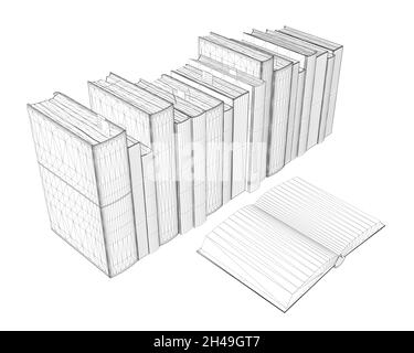 Struttura a reticolo di pila di libri da linee nere isolate su sfondo bianco. Un libro aperto. Vista isometrica. 3D. Illustrazione vettoriale Illustrazione Vettoriale