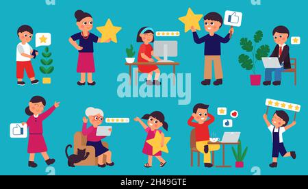 Clienti con stelle. Buona recensione, classifica per app o servizio. Feedback dei clienti, soddisfazione delle persone. I caratteri cartoni animati valutano un set vettoriale decente Illustrazione Vettoriale