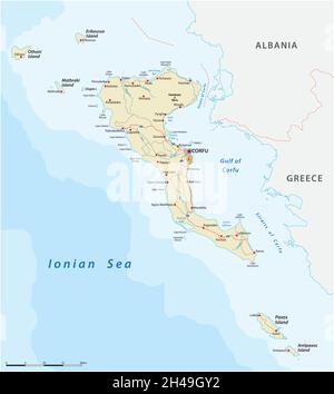 Mappa stradale vettoriale dell'isola ionica Corfù, Grecia Illustrazione Vettoriale