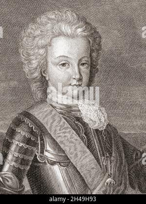 Re Luis i di Spagna quando il Principe delle Asturie. Luis Felipe, 1707-1724. Conosciuto come el Bien Amado, il ben amato, o el Liberal, il liberale, divenne il re regnante più breve della storia spagnola, morendo di vaiolo a soli sette mesi dal suo regno. Da un'incisione settecentesca di Bernard Picart dopo un'opera di Rene Vialy. Foto Stock