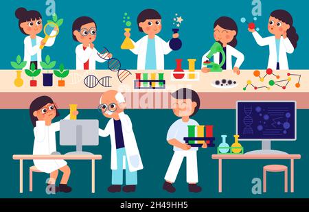 Lavoro in laboratorio. Collaborazione tra scienziato e medico, ricerca di laboratorio. Analisi di dna, natura o acqua. Vettore decente del processo di sviluppo del vaccino Illustrazione Vettoriale