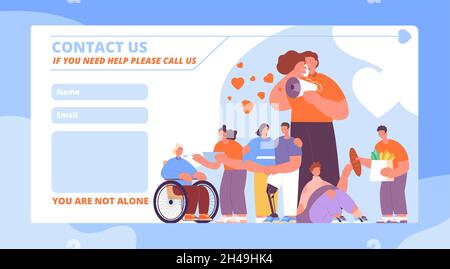 Aiuto volontario. Volontari che aiutano, servizio sociale online per nonna. Sostenere anziani e persone, contattaci utter vettore pagina web Illustrazione Vettoriale