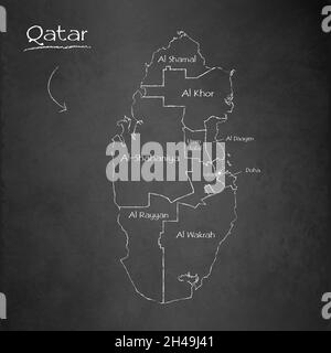 Mappa del Qatar, separa regioni e nomi, scheda di disegno lavagna, chalkboard vettoriale Illustrazione Vettoriale