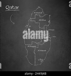 Mappa del Qatar, separa regioni e nomi, scheda di disegno lavagna, chalkboard vettoriale Illustrazione Vettoriale