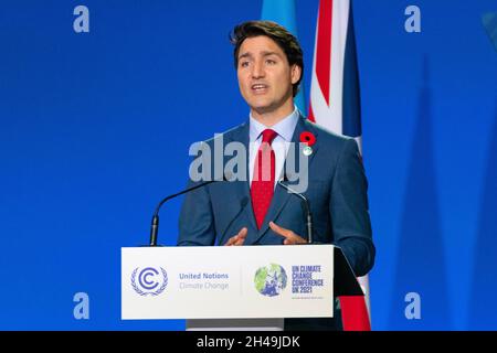 Glasgow, Scozia, Regno Unito. 1 novembre 2021. Justin Trudeau primo Ministro del Canada ha parlato alla conferenza COP26 delle Nazioni Unite sui cambiamenti climatici a Glasgow. Iain Masterton/Alamy Live News. Foto Stock