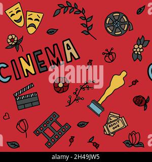 Sequenza perfetta con icone di film, film, serie e film, divertente Doodle Vector. Illustrazione colorata disegnata a mano. Imposta per podcast, premi e. Illustrazione Vettoriale