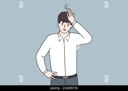Il gesto mano sulla testa del giovane imprenditore in difficoltà ha un lavoro eccessivo o una scadenza sul posto di lavoro. L'uomo infelice stressato soffre di emicrania o mal di testa. Problema aziendale, carico di lavoro. Illustrazione vettoriale. Illustrazione Vettoriale