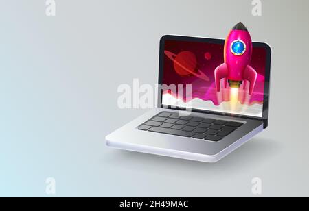 Computer portatile icona razzo, business idea, computer prodotto. Illustrazione vettoriale Illustrazione Vettoriale