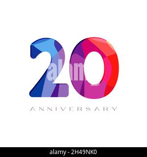 numeri del 20° anniversario. concetto di logotipo di 20 anni. Modello grafico astratto isolato. Creative luminoso a 2 e 0 cifre. digi in vetro colorato Illustrazione Vettoriale