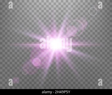Luce solare luce solare, luce solare con raggi e luce. Esplosione rosa brillante su sfondo trasparente. Illustrazione vettoriale. Illustrazione Vettoriale