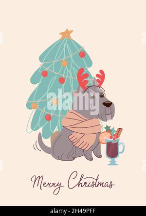 Divertente cane schnauzer con albero di natale sulla scheda di natale. Illustrazione vettoriale in stile piatto e scritta Buon Natale. Illustrazione Vettoriale