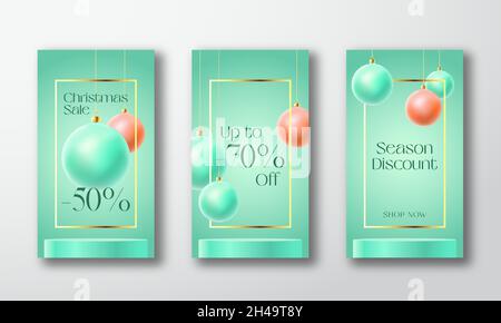 Christmas Stories Vector Advertising Card o Posters Set. Stagione Promo sfondo con Baubles realistici e sale testo Copia spazio. Inverno di Capodanno Illustrazione Vettoriale