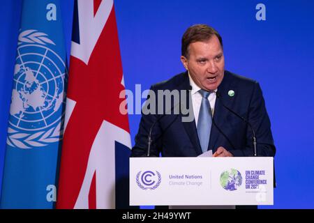 Glasgow, Scozia, Regno Unito. 1 novembre 2021. NELLA FOTO: Stefan Löfven, primo ministro svedese, ha visto parlare alla Conferenza sul cambiamento climatico della COP26. Credit: Colin Fisher/Alamy Live News Foto Stock