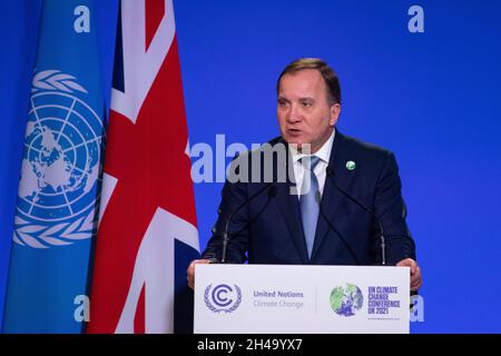 Glasgow, Scozia, Regno Unito. 1 novembre 2021. NELLA FOTO: Stefan Löfven, primo ministro svedese, ha visto parlare alla Conferenza sul cambiamento climatico della COP26. Credit: Colin Fisher/Alamy Live News Foto Stock