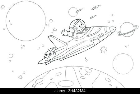 Libro da colorare: Un astronauta vola su una navetta tra i pianeti e ondeggia la sua mano nel saluto. Illustrazione vettoriale , stile cartoon, bianco e nero Illustrazione Vettoriale
