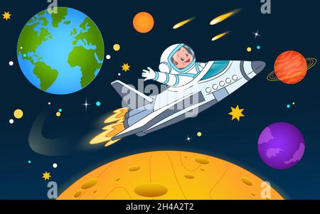 L'astronauta vola su una navetta tra i pianeti e ondeggia la sua mano nel saluto. Pagina, cartolina, banner su un tema spazio. Illustrazione vettoriale Illustrazione Vettoriale