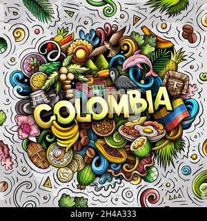 Colombia disegno a mano cartoon Doodle illustrazione. Divertente design colombiano. Illustrazione Vettoriale
