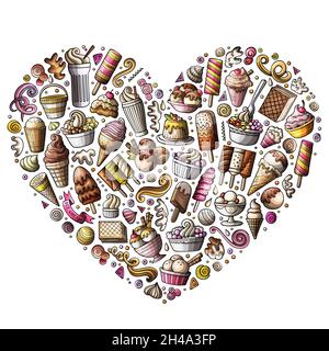 Colorato insieme vettoriale di oggetti, simboli e oggetti di doodle cartoni animati gelato Illustrazione Vettoriale