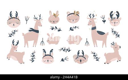 Personaggi di Natale - animali. Carino personaggi Woodland, orso, volpe, raccoon, cervo. Illustrazione vettoriale Illustrazione Vettoriale
