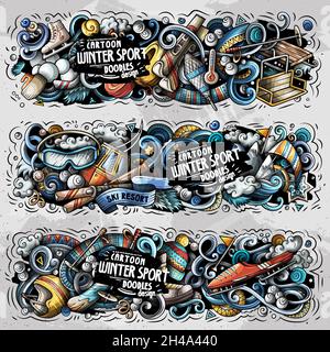 Cartoon carino colorato vettore disegnato a mano doodles Winter Sport banner Illustrazione Vettoriale
