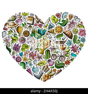 Colorato vettore mano disegnata set di oggetti doodle cartoni animati primavera Illustrazione Vettoriale