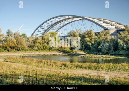 Rotterdam, Paesi Bassi, 28 ottobre 2021: Nuova natura tidel sull'isola di Van Brienoord, con lo sfondo stagno il ponte con lo stesso nome Foto Stock