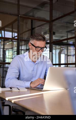 ceo maschile concentrato che lavora utilizzando il laptop in un ufficio moderno al tavolo delle riunioni. Foto Stock